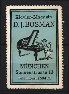 Reklamemarke München, Klavier-Magazin D.J. Bosman, Flügel und Pianist