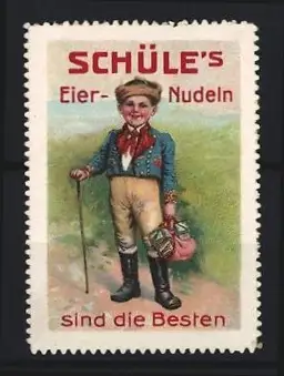 Reklamemarke SCHÜLE`s Eier-Nudeln, Junge mit Wanderstock
