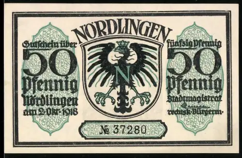 Notgeld Nördlingen 1918, 50 Pfennig, Wappen mit Adler und Stadttor-Motiv