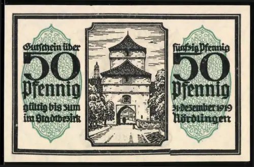 Notgeld Nördlingen 1918, 50 Pfennig, Stadttor und Wappen mit Adler