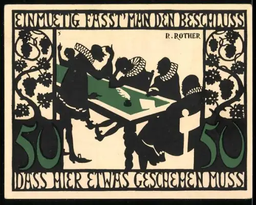 Notgeld Kitzingen a. M. 1921, 50 Pfennig, Silhouette der Stadt und Renaissancetisch mit Personen