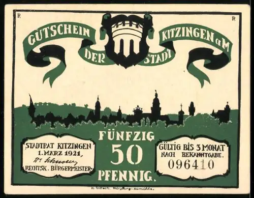 Notgeld Kitzingen a. M. 1921, 50 Pfennig, Ortsansicht und Mann auf Esel
