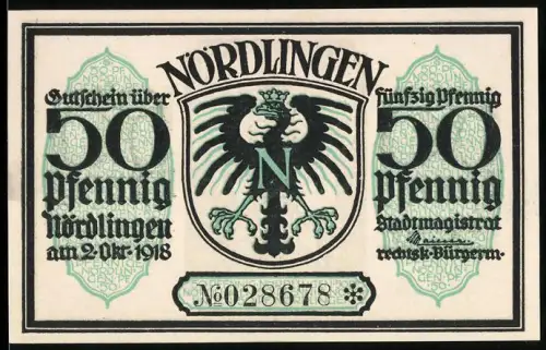 Notgeld Nördlingen 1918, 50 Pfennig, Adlerwappen und Stadtmauer mit Turm