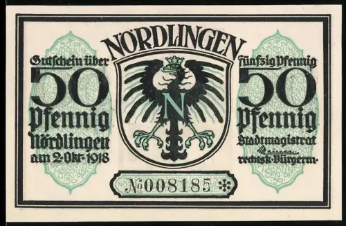 Notgeld Nördlingen 1918, 50 Pfennig, Adlerwappen und Ortsansicht mit Turm