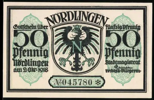 Notgeld Nördlingen 1918, 50 Pfennig, Adlerwappen und Stadttorillustration