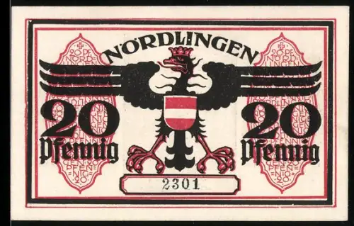 Notgeld Nördlingen 1918, 20 Pfennig, Adlerwappen und Stadttor-Motiv