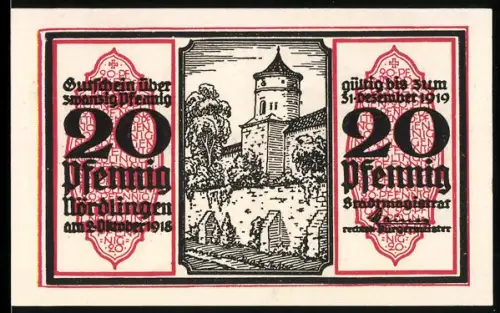 Notgeld Nördlingen 1918, 20 Pfennig, Burgturm und Adlerwappen