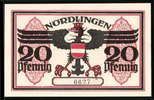 Notgeld Nördlingen 1918, 20 Pfennig, Adlerwappen und Stadtturm