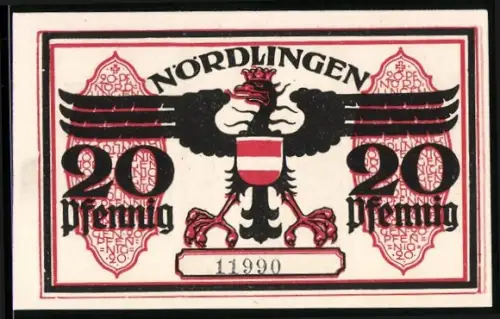 Notgeld Nördlingen 1918, 20 Pfennig, Reichsadler und Turmabbildung