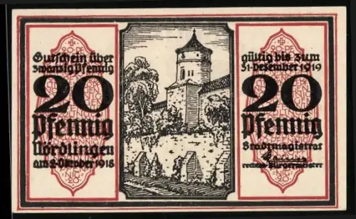 Notgeld Nördlingen 1918, 20 Pfennig, Stadtmauer und Wappen mit Adler