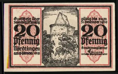 Notgeld Nördlingen 1918, 20 Pfennig, Turm und Wappen mit Adler