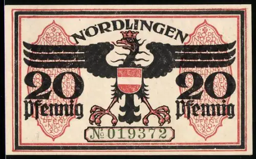 Notgeld Nördlingen 1918, 20 Pfennig, Reichsadler und Turmabbildung