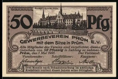 Notgeld Prüm /Eifel 1921, 50 Pfennig, Abbildung von St. Salvator Basilika und Ortsansicht von Prüm aus der Eifel