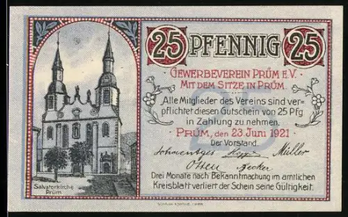 Notgeld Prüm /Eifel 1921, 25 Pfennig, Salvatorbasilika und Landschaftsansicht der Dausfelder Schlucht