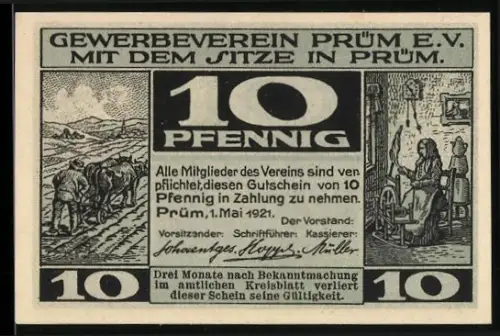 Notgeld Prüm /Eifel 1921, 10 Pfennig, Pflügende Bauern und Markttag-Szene