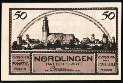 Notgeld Nördlingen 1920, 50 Pfennig, Ortsansicht mit Regenbogen und dekorativen Säulen