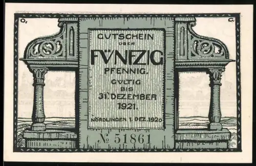 Notgeld Nördlingen 1920, 50 Pfennig, Ortsansicht mit Kirchturm und Torbogen