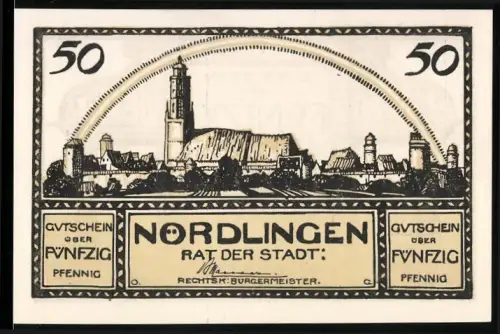 Notgeld Nördlingen 1921, 50 Pfennig, Ortsansicht mit Stadtkirche und dekorative Rahmenmotive