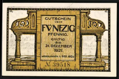 Notgeld Nördlingen 1920, 50 Pfennig, Ortsansicht mit Torbogen und Turm