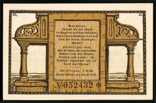 Notgeld Nördlingen 1920, 50 Pfennig, Ortsansicht mit Gedicht und Architekturmotiv