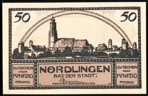 Notgeld Nördlingen 1920, 50 Pfennig, Ortsansicht und Gedicht über Nördlingen