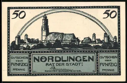 Notgeld Nördlingen 1920, 50 Pfennig, Ortsansicht mit Bogengang und Gedicht