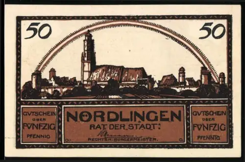 Notgeld Nördlingen 1921, 50 Pfennig, Stadtsilhouette mit Torbogen und poetischem Text