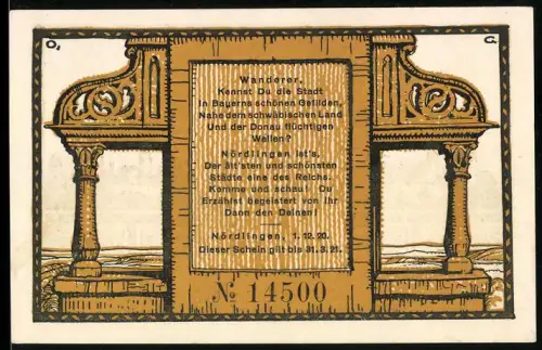 Notgeld Nördlingen 1920, 50 Pfennig, Ortsansicht mit Torbogen und Gedicht