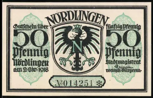 Notgeld Nördlingen 1918, 50 Pfennig, Stadtwappen und Turm