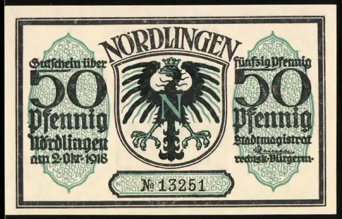 Notgeld Nördlingen 1918, 50 Pfennig, Wappen mit Adler und Ortsansicht