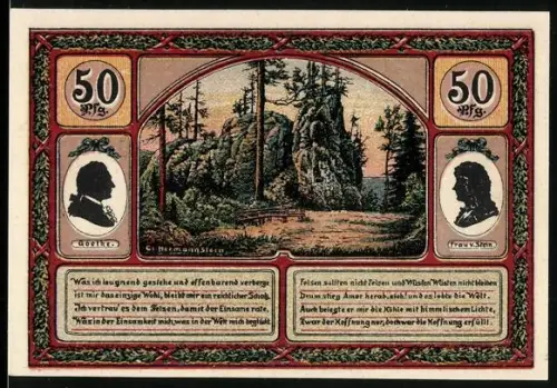 Notgeld Ilmenau 1921, 50 Pfennig, Goethe-Silhouetten und Landschaftsmotive