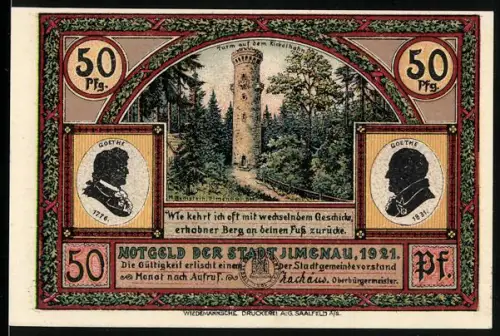 Notgeld Ilmenau 1921, 50 Pfennig, Turm auf dem Kickelhahn und Marktplatz mit Goethe-Motiven
