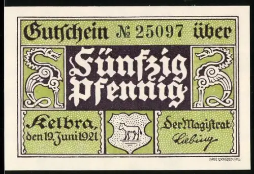 Notgeld Kelbra 1921, 50 Pfennig, Wappen mit Pferd und mythologische Figur