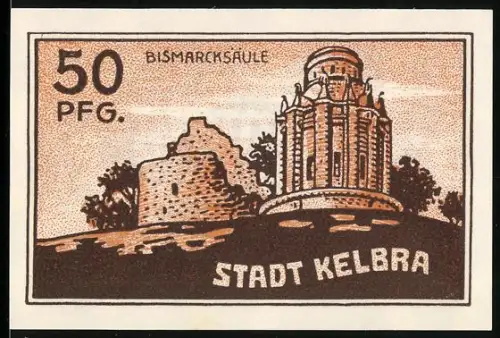 Notgeld Kelbra 1921, 50 Pfennig, Bismarcksäule und Wappen mit Drachenmotiven