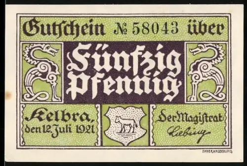 Notgeld Kelbra 1921, 50 Pfennig, Wappen und Obelisk mit Reuterlinde