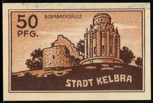 Notgeld Kelbra 1921, 50 Pfennig, Bismarcksäule und Stadtwappen mit Löwenmotiven