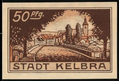Notgeld Kelbra 1921, 50 Pfennig, Ortsansicht mit Kirchturm und Wappen mit Pferd