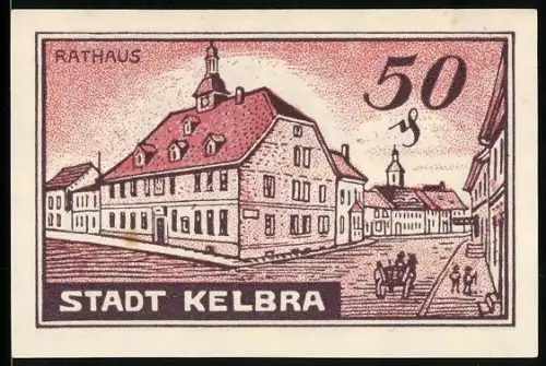 Notgeld Kelbra 1921, 50 Pfennig, Rathaus und Wappen mit Pferd