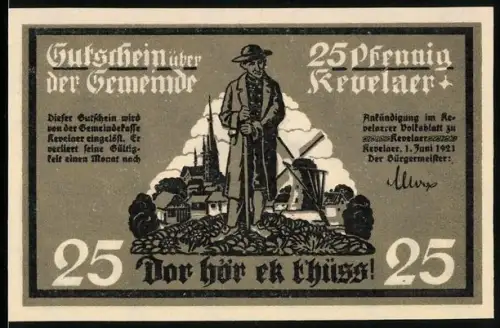 Notgeld Kevelaer 1921, 25 Pfennig, Ortsansicht mit Bauer und Windmühle, Wappen und Turm
