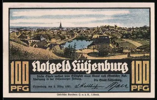 Notgeld Lütjenburg 1921, 100 Pfennig, Ortsansicht und Mann mit Flasche, Wappen von Lüneburg