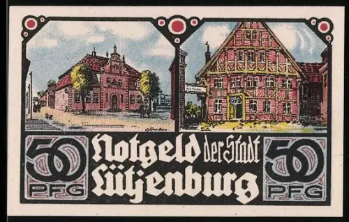 Notgeld Lütjenburg 1921, 50 Pfennig, historische Gebäude und Kirchturmansicht