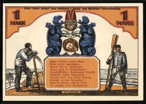 Notgeld Köslin 1921, 1 Mark, Markt und Fischer mit Ruder und Netz, Wappen