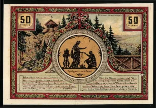 Notgeld Ilmenau 1921, 50 Pfennig, Turm und Waldlandschaft, Iphigenie und Orest, Goethe-Porträts