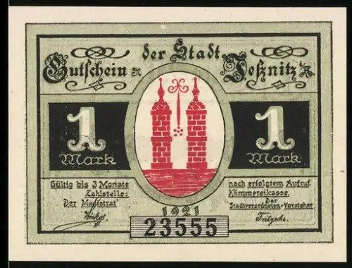 Notgeld Jessnitz i. A. 1921, 1 Mark, Türme und Bootsfahrt auf einem Fluss