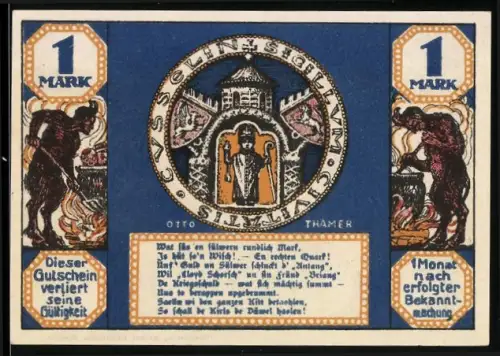 Notgeld Köslin 1921, 1 Mark, Stadtwappen und historische Trachtenszene