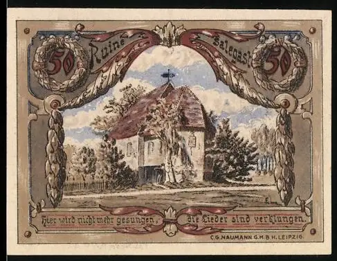 Notgeld Jessnitz i. A. 1921, 50 Pfennig, Ruine mit Wappen und floralem Design