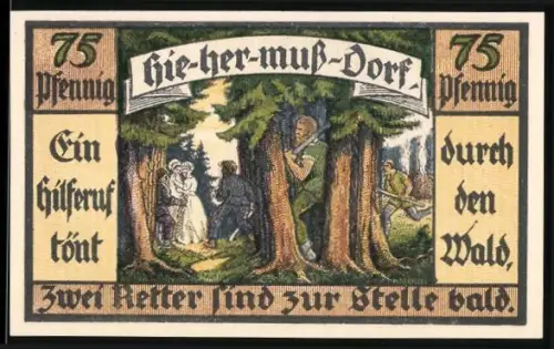 Notgeld Hermsdorf /S.-A. 1921, 75 Pfennig, Waldszene mit Räubern und Ortsansicht im Sonnenuntergang