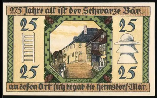 Notgeld Hermsdorf /S.-A. 1921, 25 Pfennig, Gasthaus Der Schwarze Bär und Landschaft mit Bäumen