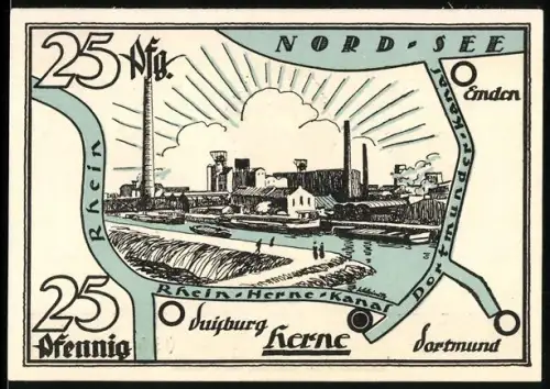 Notgeld Herne i. Westf. 1921, 25 Pfennig, Industrieansicht und Ritter mit Schwert, Wappen