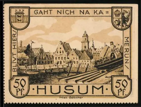 Notgeld Husum 1921, 50 Pf, Ortsansicht mit Schiffen und Porträt eines Mannes